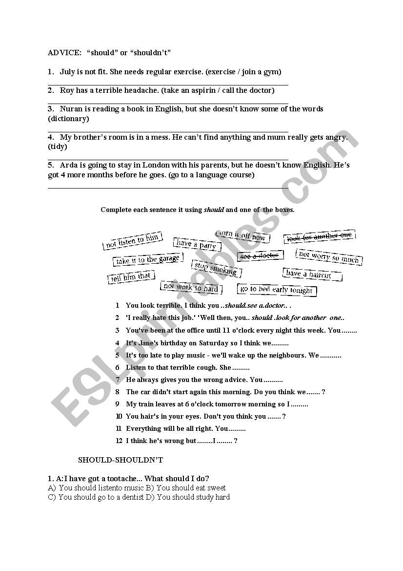 Advice, Should and Shouldn`t worksheet